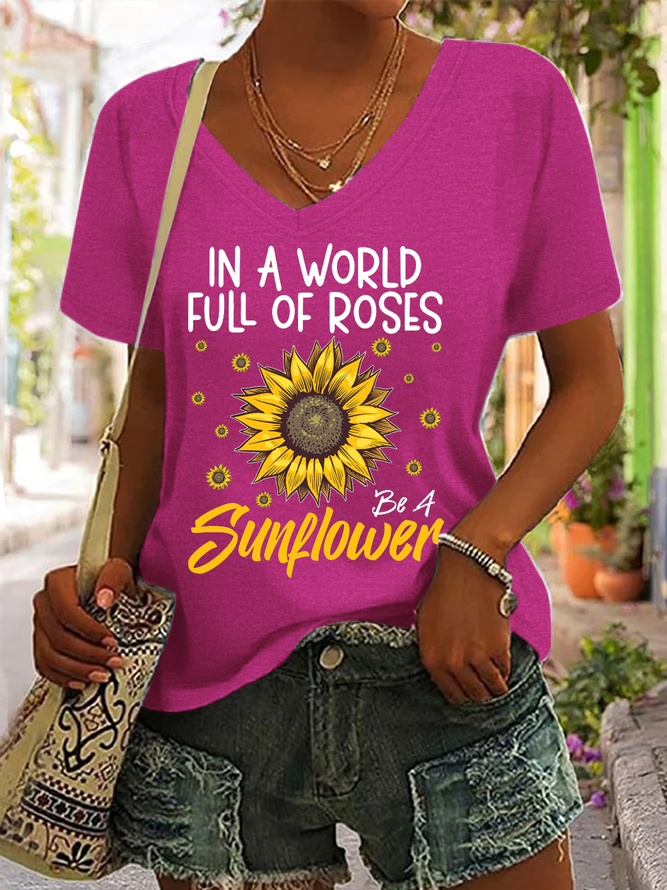Women's Cute Sunflower Flower Cotton Text Letters Casual T-Shirt