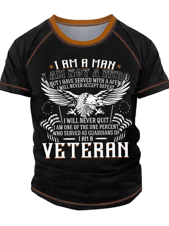 Men's I Am A Man I Am Not A Her But Have Served With A Afew I Will Never Accept Defeat Funny Graphic Printing Casual Regular Fit Crew Neck Eagle Old Glory T-Shirt