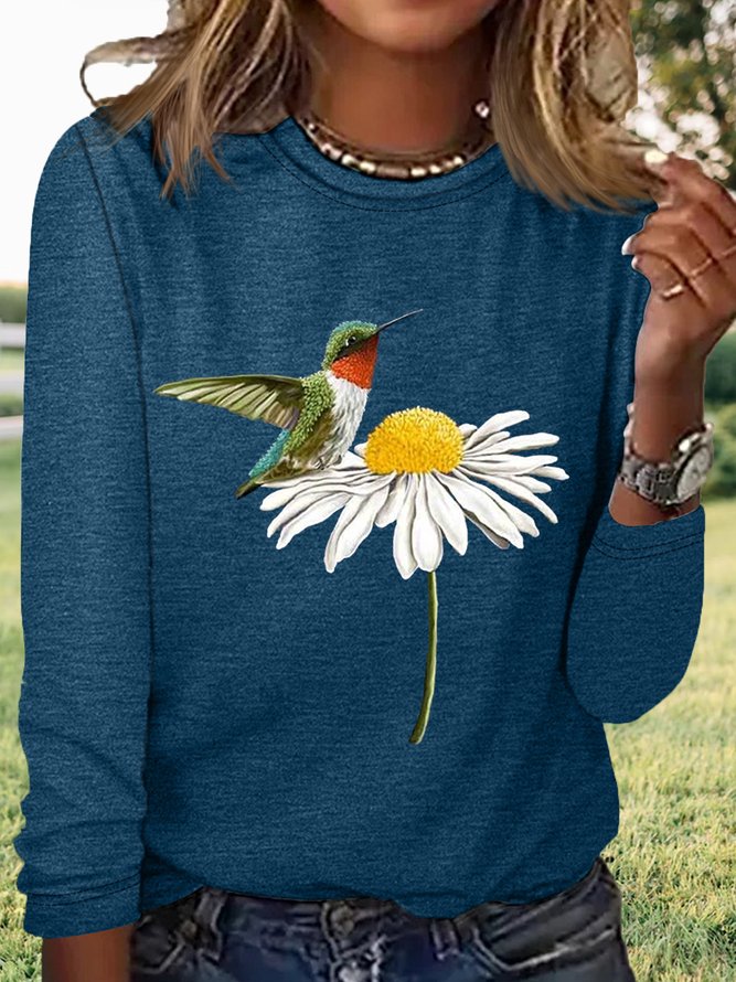 Women's Hummingbird on Daisy Casual Crew Neck  Shirt