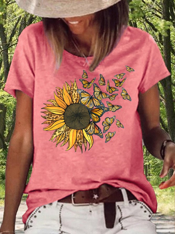 Women's Sunflower Butterflies Casual Letters T-Shirt