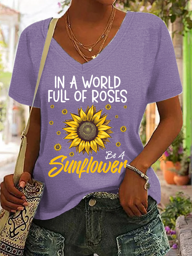 Women's Cute Sunflower Flower Cotton Text Letters Casual T-Shirt