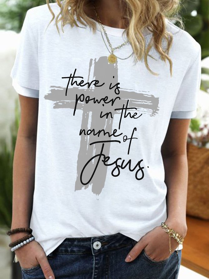 Women's Religious Bible Cross There Is Power In The Name Of Fesus Funny Graphic Printing Text Letters Crew Neck Casual T-Shirt