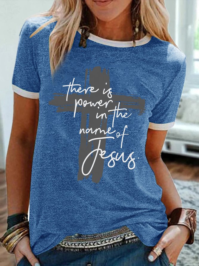 Women's Religious Bible Cross There Is Power In The Name Of Fesus Funny Graphic Printing Text Letters Crew Neck Casual T-Shirt