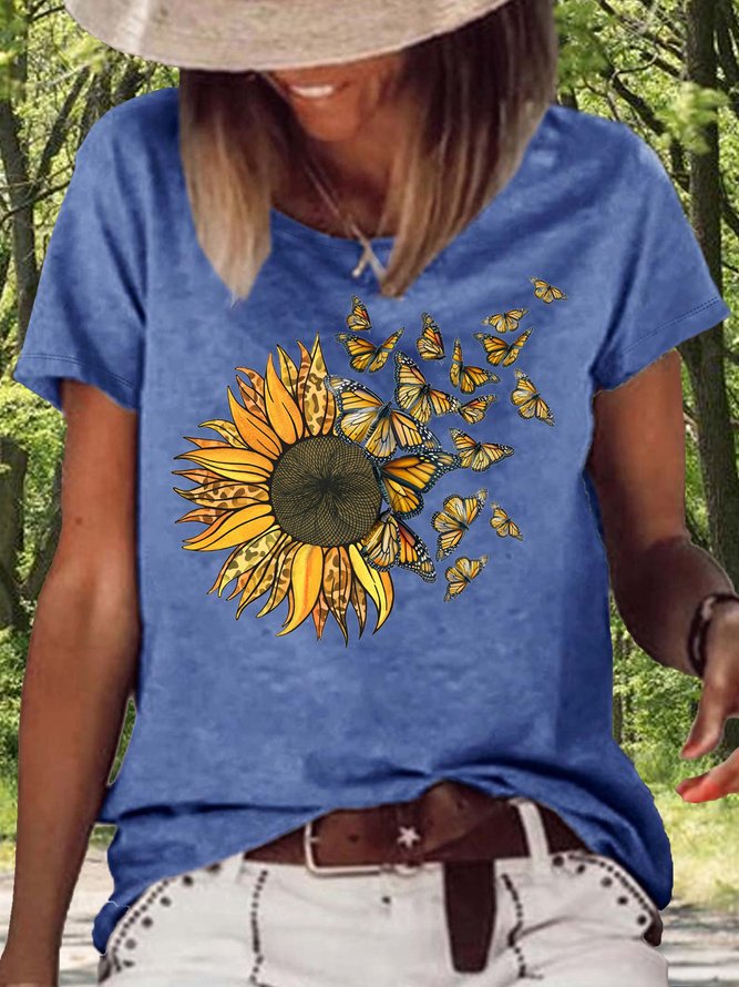 Women's Sunflower Butterflies Casual Letters T-Shirt
