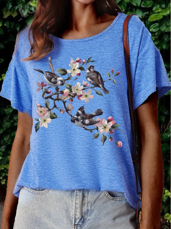 Women's Blue Bird Nature animal Mother's Day Casual Crew Neck Text Letters T-Shirt