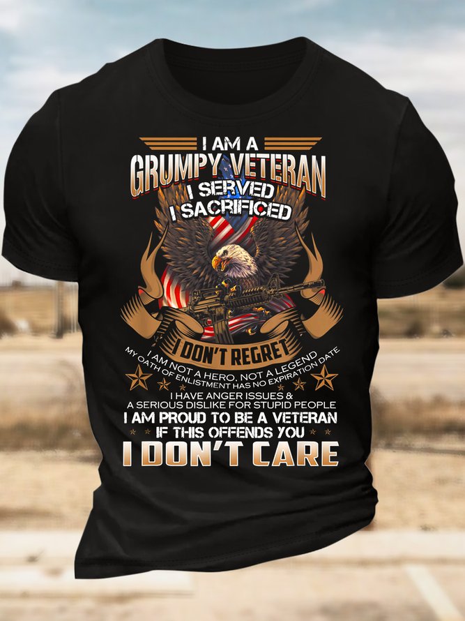 Men’s I Am Grumpy Veteran I Served I Sacrificed I Don’t Regret Casual Text Letters Regular Fit T-Shirt