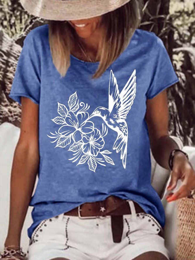 Women's hummingbird flower Funny Graphic Printing Crew Neck Casual Cotton-Blend Loose T-Shirt