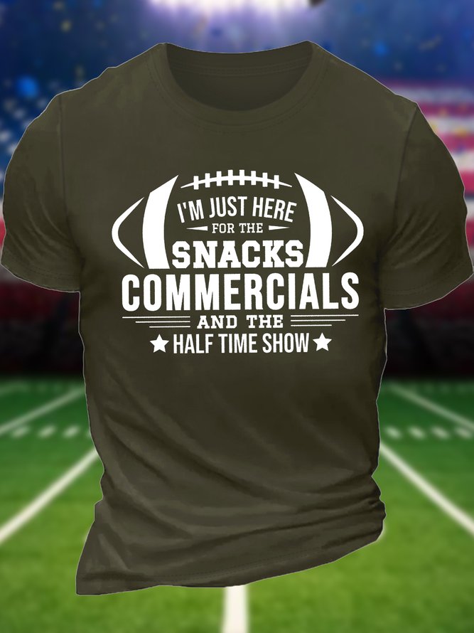 Men's I'm Just Here For The Snacks Commercials And The Half Time Show Funny Super Bowl Baseball Graphic Printing Text Letters Cotton Crew Neck Casual T-Shirt