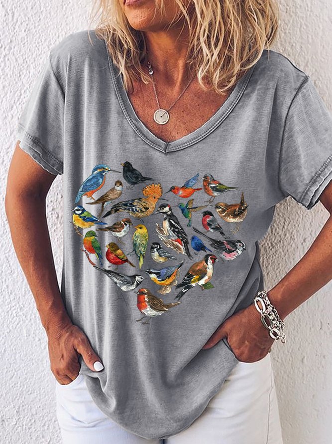 Women's Bird Lover V Neck Casual T-Shirt