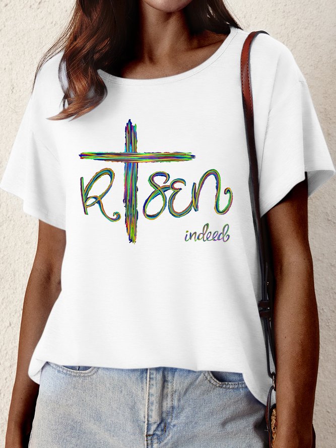 Women's Risen Indeed Funny Easter Cross Graphic Printing Crew Neck Text Letters Cotton-Blend Casual T-Shirt