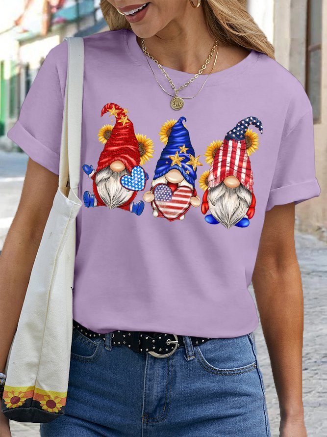 Women's American Gnomies Patriotic Casual Cotton Crew Neck T-Shirt