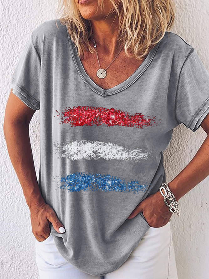 Women's Abstract American Flag V Neck Simple Loose T-Shirt