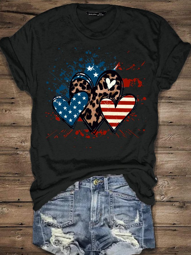 Women‘s Crew Neck America Heart Print Casual Cotton T-Shirt