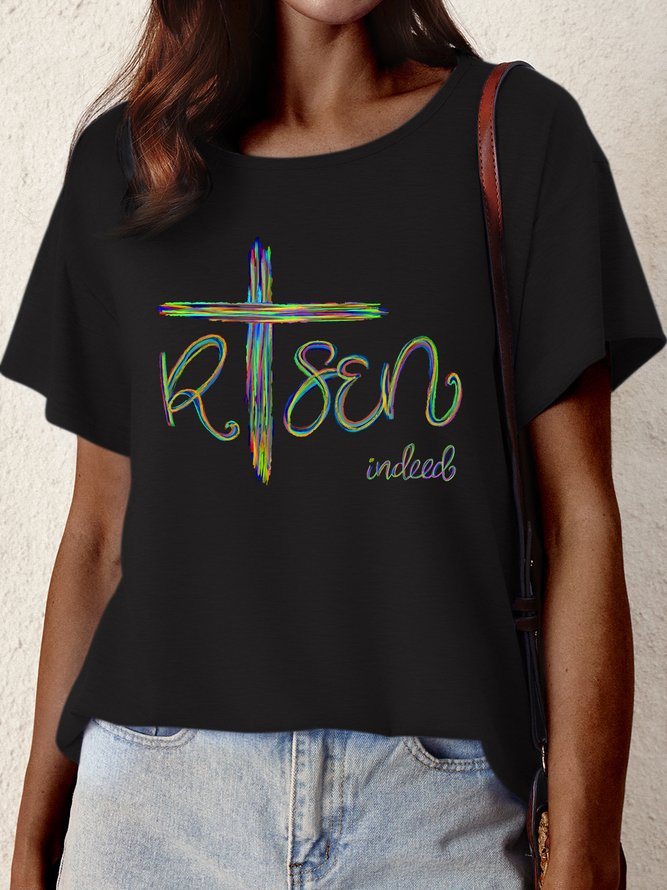 Women's Risen Indeed Funny Easter Cross Graphic Printing Crew Neck Text Letters Cotton-Blend Casual T-Shirt