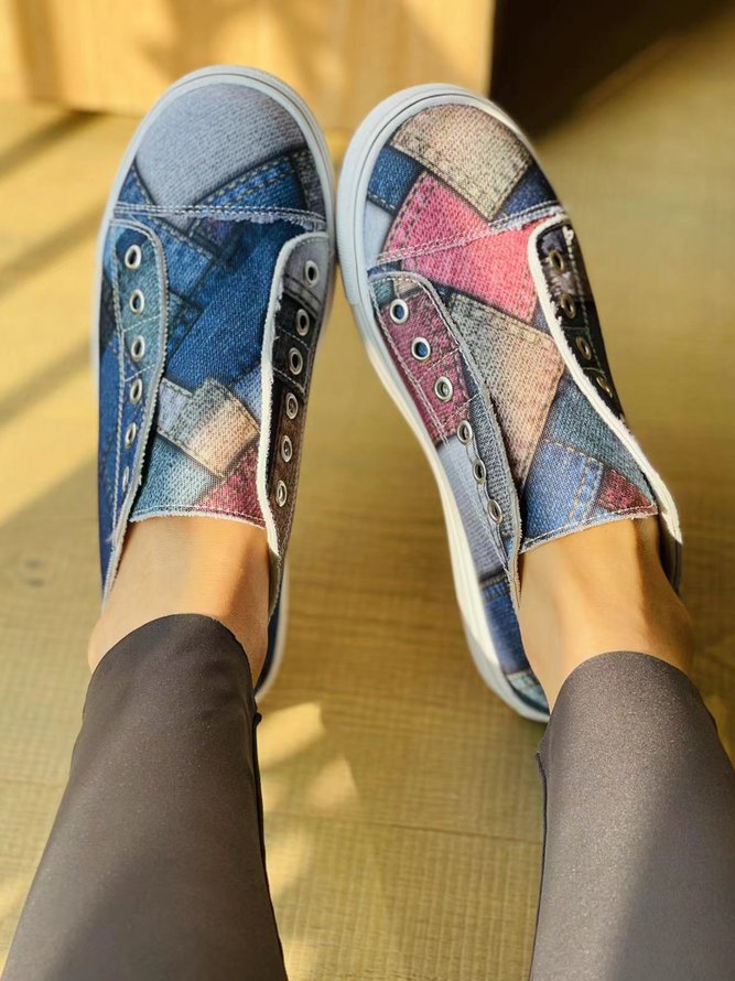 Women's Color Block Printing Slip On Canvas Shoes