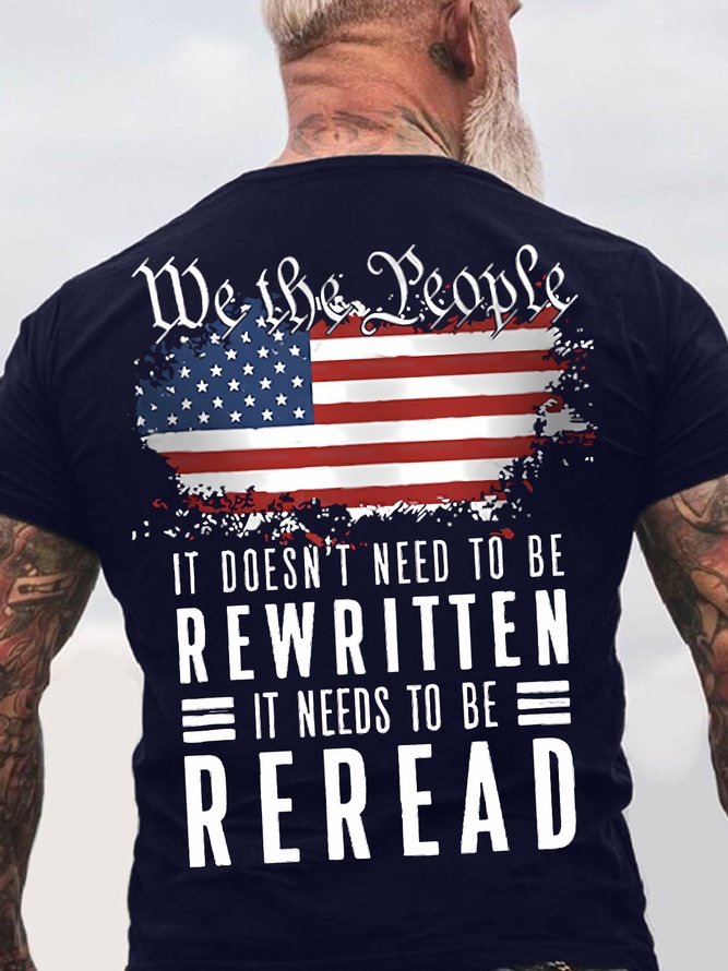 Men's We The People It Doesn‘T Need To Be Rewritten It Needs To Be Reread Funny Graphic Printing America Flag Cotton Text Letters Crew Neck Casual T-Shirt