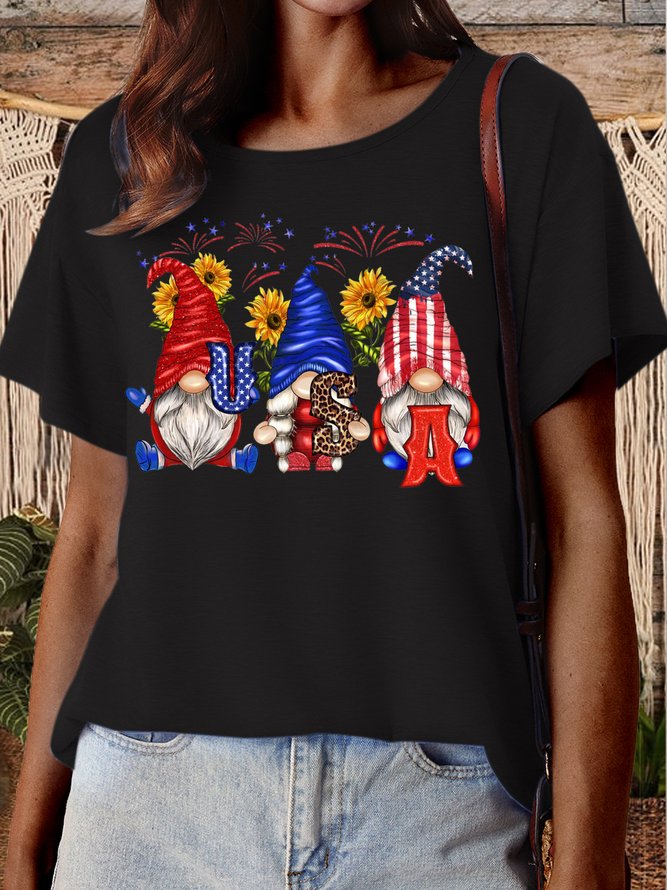 Women's Patriotic American Gnomes With Sunflowers Cotton Casual T-Shirt