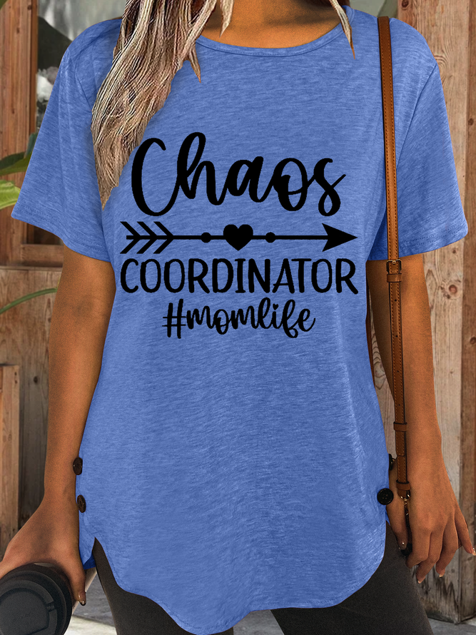 Women's Funny Mom Quotes Mother's Day Chaos Coordinator Casual Cotton-Blend Text Letters Loose T-Shirt