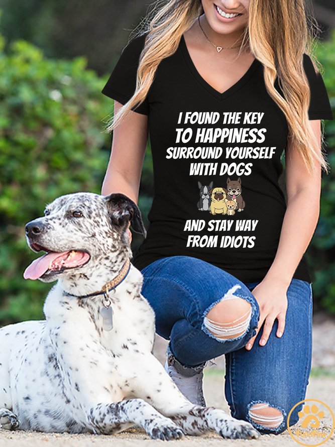 Lilicloth X Funnpaw Women's I Found The Key To Happiness Surround Yourself With Dogs And Stay Way From Idiots V Neck T-Shirt