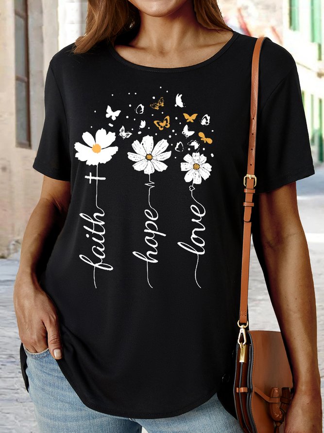 Women's Faith, Hope, Love, Floral Letters Casual Crew Neck T-Shirt