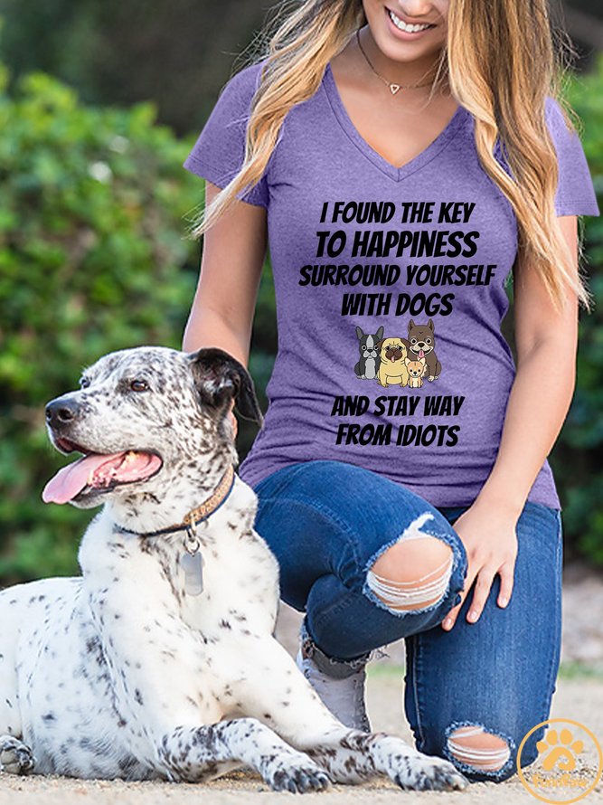 Lilicloth X Funnpaw Women's I Found The Key To Happiness Surround Yourself With Dogs And Stay Way From Idiots V Neck T-Shirt