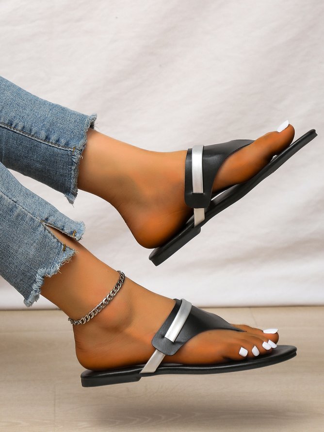 Woman's Black PU Flip Flops Thong Sandals