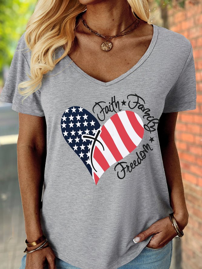 Women's Faith Family freedom Heart Print Casual Loose T-Shirt