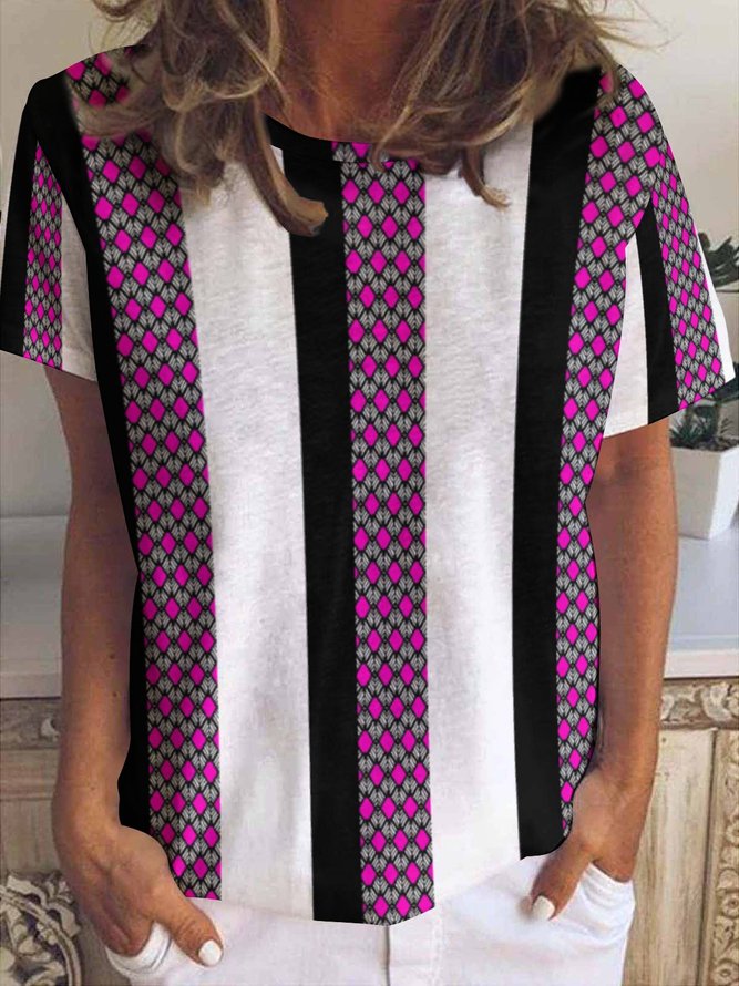 Women's Geometric Striped Black and Pink Casual T-Shirt