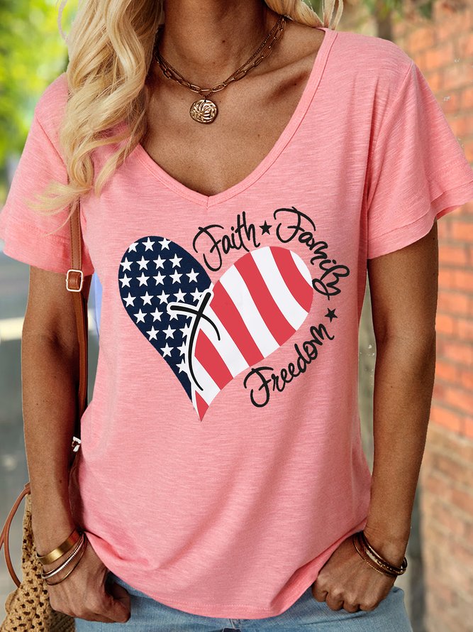 Women's Faith Family freedom Heart Print Casual Loose T-Shirt