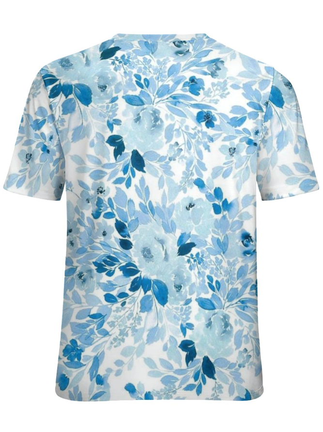 Women's Loose Blue Floral Crew Neck Simple T-Shirt