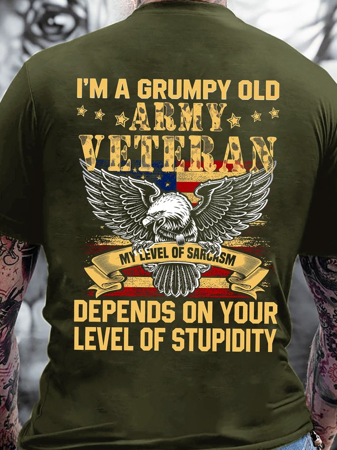 Men’s I’m A Grumpy Old Army Veteran My Level Of Sarcasm Depends On Your Level Of Stupidity Regular Fit Casual T-Shirt