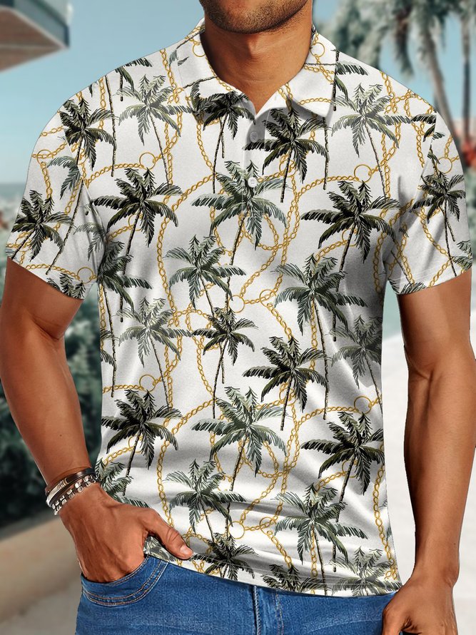 Men's Outdoor Resort Coconut Tree Chain Print Funny Coconut Tree Hawaii Regular Fit Polo Shirt
