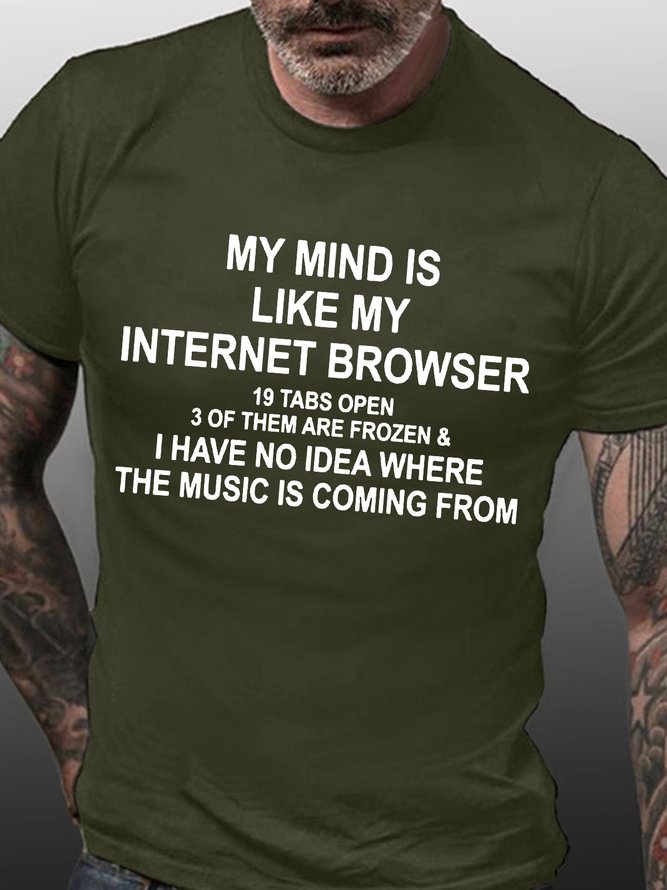 Men’s My Mind Is Like My Internet Browser 19 Tabs Open 3 Of Them Are Frozen Casual Text Letters Regular Fit T-Shirt