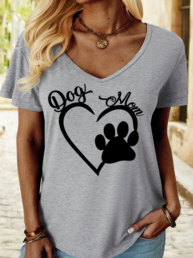 Women's Cute Dog Mom Dog Paw Crew Neck Casual T-Shirt