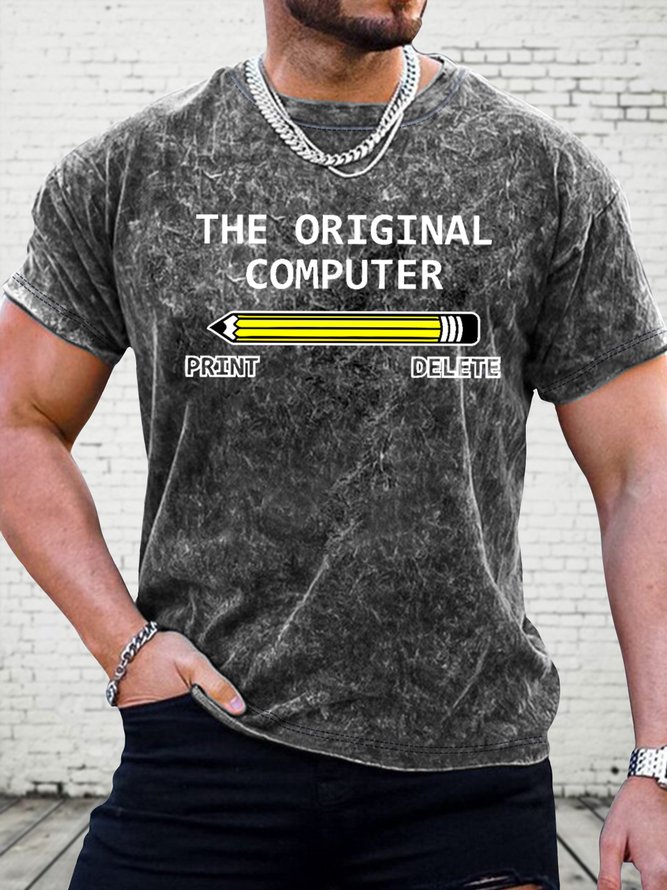 Men's The Original Computer Print Delete Funny Pen Graphic Printing Casual Text Letters Loose Crew Neck T-Shirt