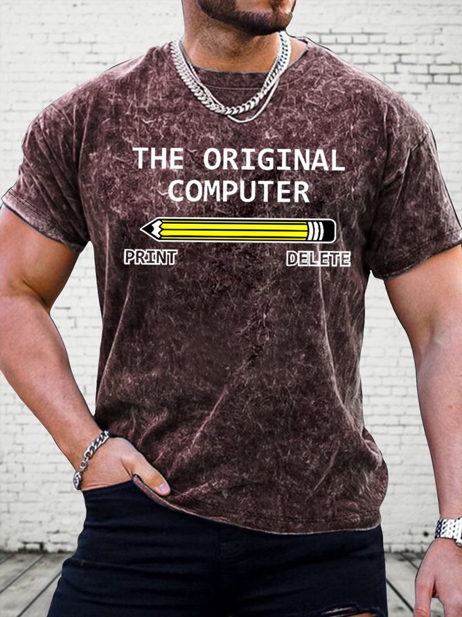 Men's The Original Computer Print Delete Funny Pen Graphic Printing Casual Text Letters Loose Crew Neck T-Shirt
