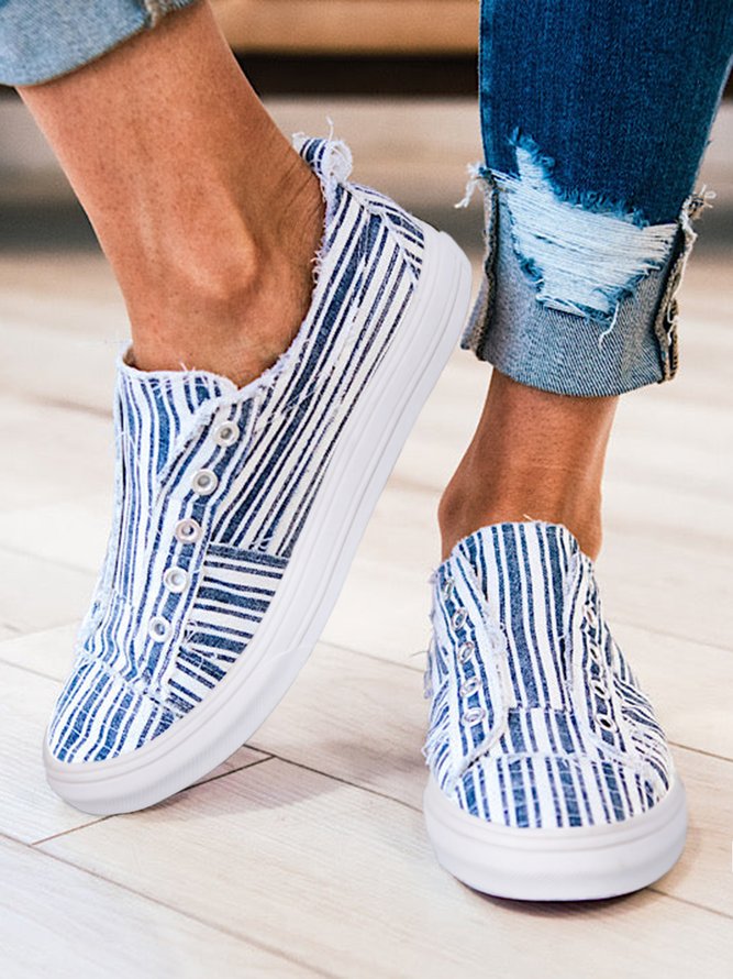 Blue Striped Casual Slip On Canvas Shoes