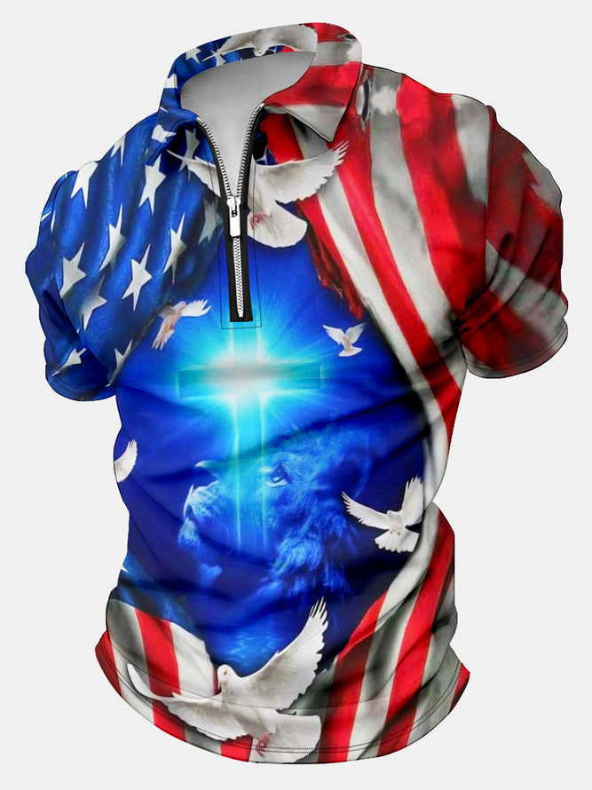 Men’s Cross Lion Pattern Casual Regular Fit America Flag Polo Shirt
