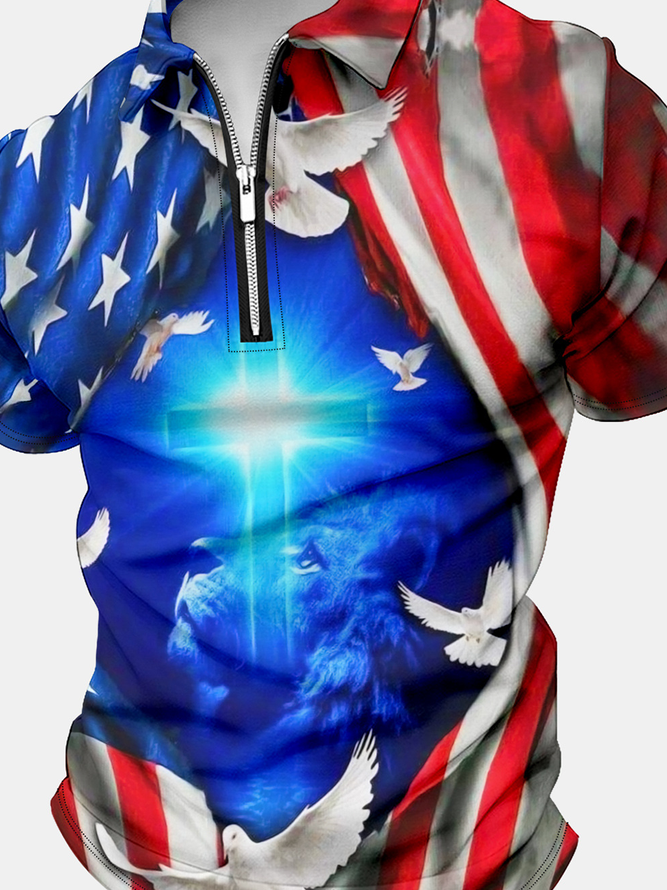 Men’s Cross Lion Pattern Casual Regular Fit America Flag Polo Shirt