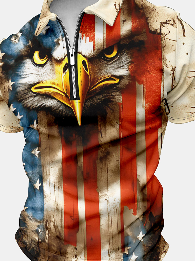 Men’s Eagle Patriotic Flag Pattern Polo Collar America Flag Casual Polo Shirt
