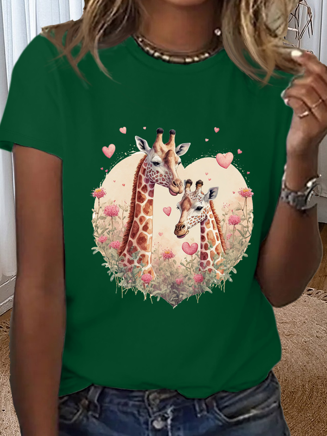 Women‘s Cute Giraffe Hearts Crew Neck Cotton Simple T-Shirt
