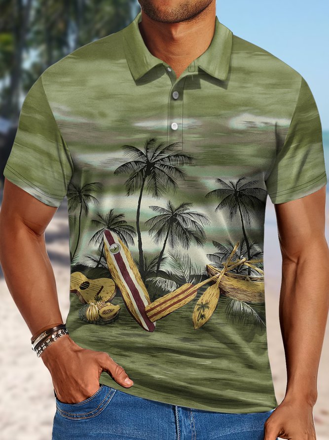 Men's Polo Collar Hawaii Coconut Art Print Tree Polo Shirt