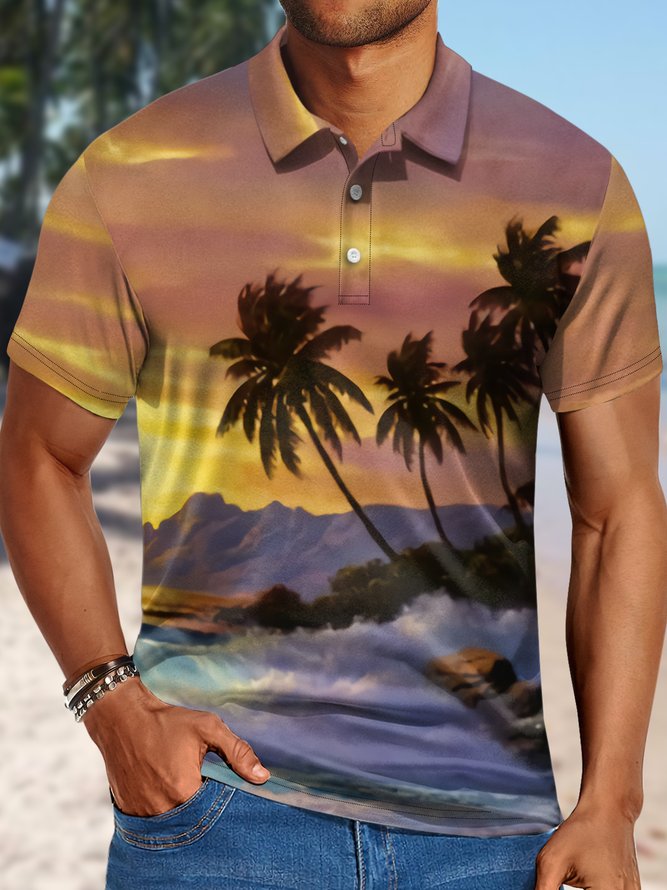 Men's Sunset Coconut Trees On The Hawaiian Coast Art Printing Urban Regular Fit Polo Collar Coconut Tree Polo Shirt