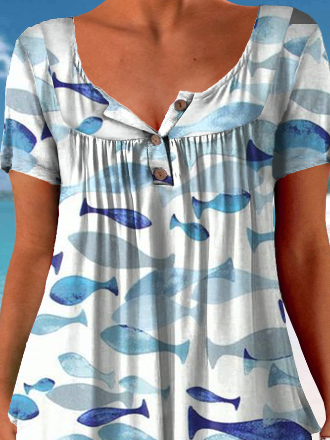 Women's Cute Fish Summer Print Letters Casual T-Shirt