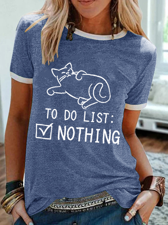 Women‘s Cute Cat To Do List Nothing Regular Fit Simple Cotton-Blend T-Shirt