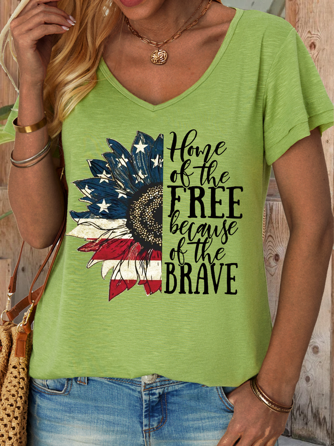 Women's Sunflower American Flag Home Of The Free Because Of The Brave Loose V Neck T-Shirt
