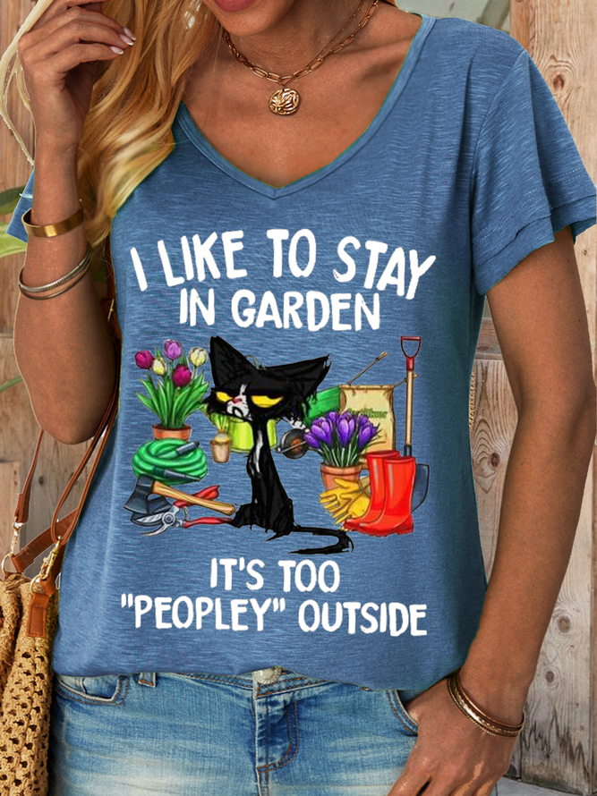 Women‘s Funny Word Garden And Black Cat It’s Too Peopley Outside Flowers Simple T-Shirt
