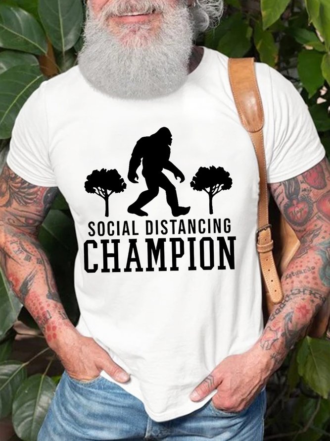 Men's Social Distancing Champion Funny Bigfoot Graphic Printing Text Letters Cotton Casual T-Shirt