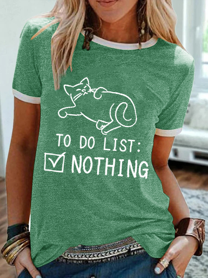 Women‘s Cute Cat To Do List Nothing Regular Fit Simple Cotton-Blend T-Shirt
