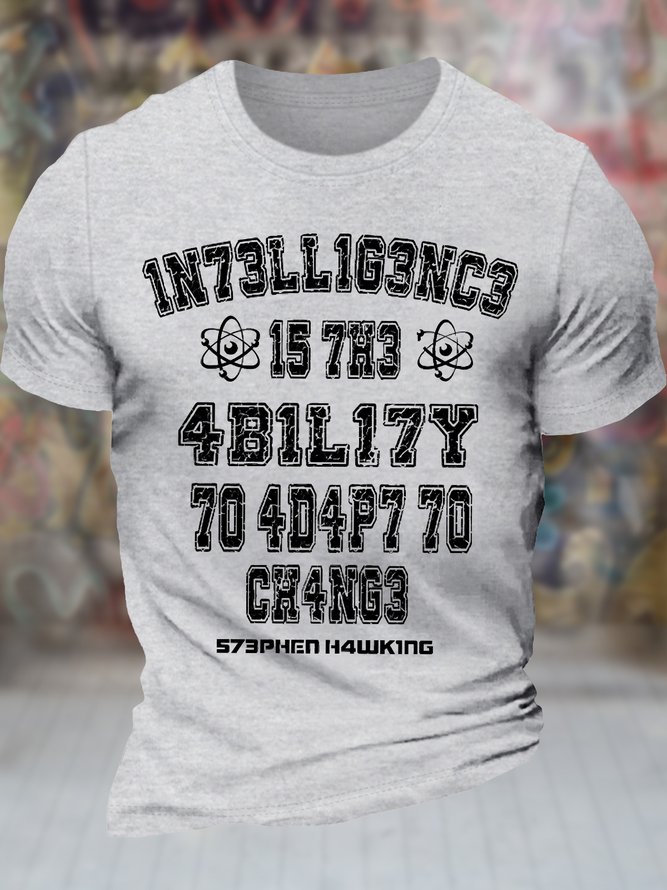 Men's 1n73ll1g3nc3 Intelligence Is The Ability To Adapt To Change Funny Graphic Printing Casual Cotton Text Letters Crew Neck T-Shirt